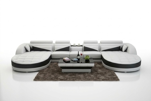Ledersofa Couch Wohnlandschaft Ecksofa Eck Garnitur Design Modern Sofa Weiß USB