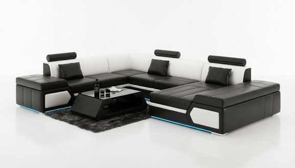 Ledersofa Sofa Couch Wohnlandschaft Ecksofa Garnitur Design Modern Schwarz +USB