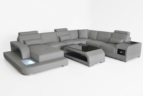 Ledersofa Wohnlandschaft Ecksofa Sitzecke Sitzgarnitur Sofa Couch + USB + Tisch