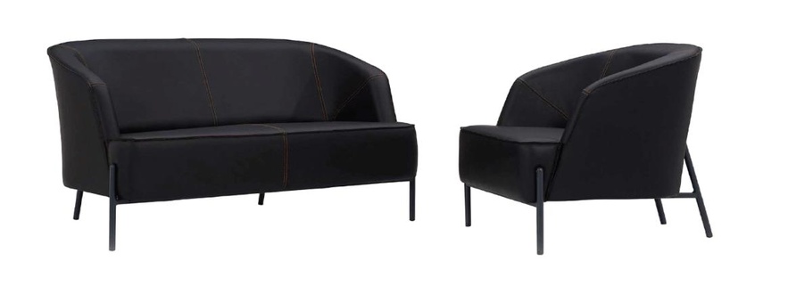 Ledersofas Set 1-Sitzer 2-Sitzer 2x Sessel Schwarz Polster Einrichtung Holz