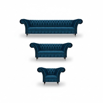 Luxuriöse Chesterfield Blaue Polstergarnitur Designer Textilsofas Sessel