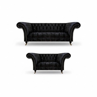 Luxuriöse Chesterfield Schwarze Textil Sitzgarnitur Wohnzimmer Möbel