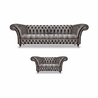 Luxuriöse Grau Möbel Sofas Set 2tlg Sofagarnitur Wohnzimmer Chesterfield