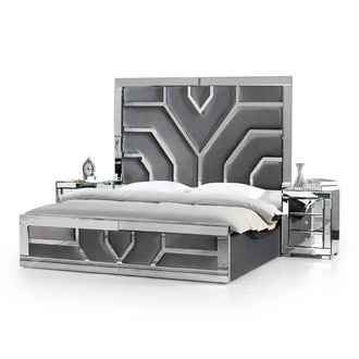 Luxuriöses Graues Schlafzimmer Set Modernes Textil Bett 2x Nachttische