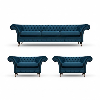 Luxus Blau Wohnzimmer Set Chesterfield Einrichtung Polstermöbel Sofas Textil