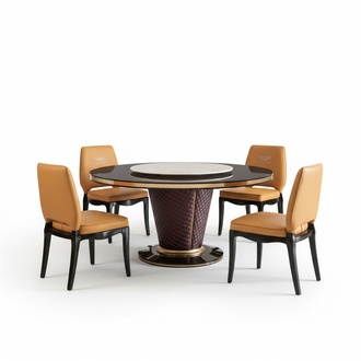 Luxus Designer Esszimmer mit Runden Esstisch & 6 x Lehn Stühle Metall Leder Neu