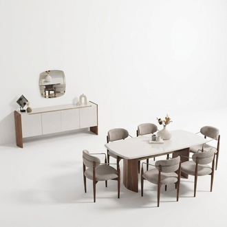 Luxus Esszimmer-Set Beigefarbene Holz- und Textilmöbel mit Spiegel