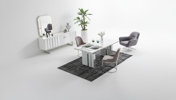 Luxus Esszimmer Set Esstisch + 6x Stühle + Sideboard mit Spiegel