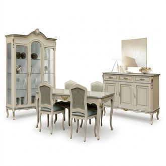 Luxus Esszimmer Set Garnitur 7tlg Weiß Holz Möbel Kommode 4x Stuhl Tisch Vitrine