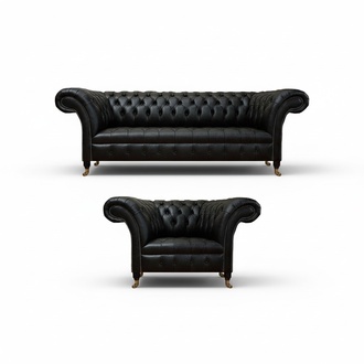 Luxus Schwarz Komplett Sofa Couch Dreisitze Leder Sofagarnitur Sessel