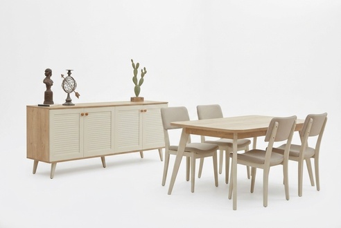 Luxus Set Esszimmer 6tlg Holzmöbel Esstisch + 4x Stühle Essgarnitur Anrichte