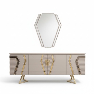 Luxus Weiß-Goldene Kommode mit Spiegel Designer Sideboard Holzmöbel