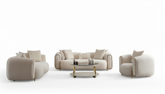 Luxus Wohnzimmer Set Sofa 3 sitzer Sessel Couchtisch Weiß Edelstahl Stoff