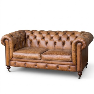 Mens Club Couch Chesterfield Sofa Leder Polster 2 Sitzer Braun