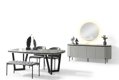 Modern Esszimmer Set Besteht aus Esstisch 4x Stühle und Anrichte Spiegel