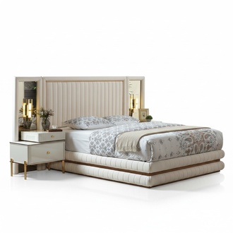 Modern Schlafzimmer Set Bett + 2x Nachttische Design 3 tlg. Beige