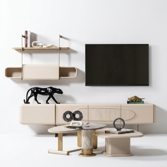 Modern TV-Unit mit 3x Couchtische Robust 4-tlg. Wohngruppe Beige Tisch