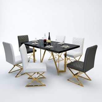 Moderne Esstisch Garnitur Edelstahl Möbel Tisch Glas 6x Lehnstuhl Stuhl Polster