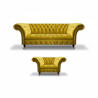 Moderne Gelbe Chesterfield Polstergarnitur Edler 3-Sitzer Textilsessel