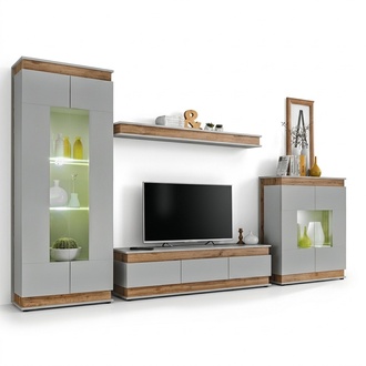 Garnitur 4 tlg Wohnwand Luxus Wohnzimmer Set Holz Regal Möbe Vitrine Neu
