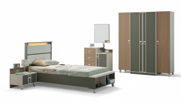 Moderne Komplette Kindermöbel Kinderbett Grau Holz Set 5tlg Nachttisch