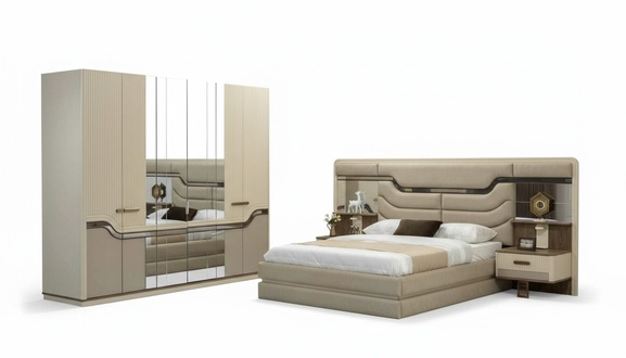 Moderne Möbel Schlafzimmer luxuriös set 4tlg Beige Nachttisch Schrank Bett