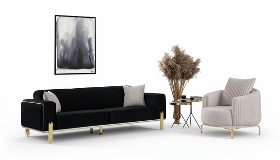 Moderne Sofagarnitur Dreisitzer Sessel Polster Set Mit Edelstahl 2tlg