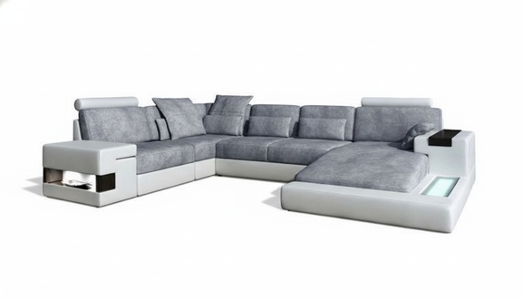 Moderne Textil Sofa U-Form Möbel mit Bett Funktionen Stauraum Grau NEU