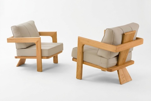 Moderner Beigefarbener Holz-Textil Sessel im stilvollen Design für