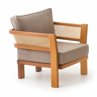 Moderner beiger Holz-Textil Sessel für Balkon und Terrasse