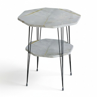 Design Beistelltisch Oktagon - Graue Marmoroptik mit schwarzen Metallbeinen