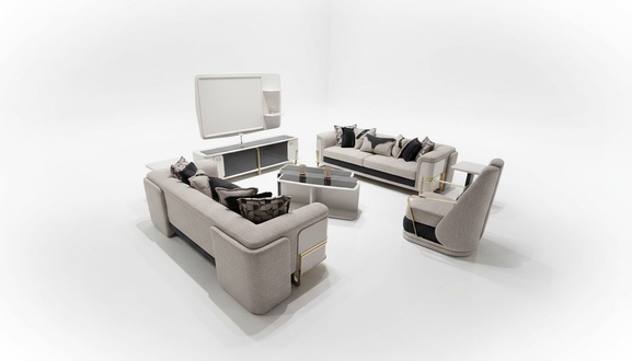 Moderner grauer Stoff-Sofa-Set mit Holzrahmen und eleganten Design