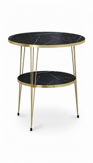 Design Couchtisch Rund mit Ablage Set - Schwarze Marmoroptik mit goldenen Metallbeinen