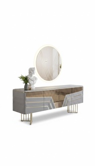 Moderner Silber Sideboard Rundspiegel LED Beleuchtung Designer 2tlg Set