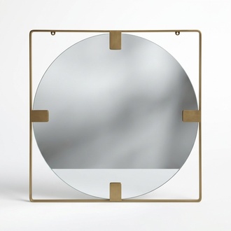 Moderner Wandspiegel rundes Spiegelglas quadratischem Rahmen Wohnzimmer Tisch