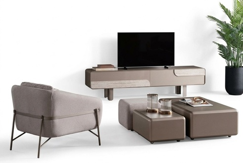 Moderner Wohnzimmer Möbelset Textil Beige Sessel TV-Lowboard