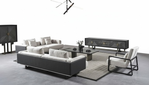 Moderner Wohnzimmermöbelset aus Holz in Braun mit Sofas, Sessel