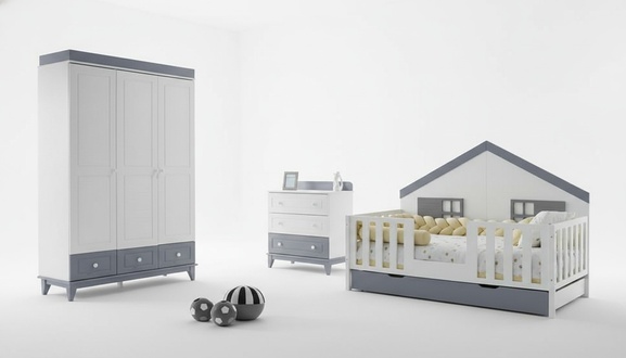 Modernes 3tlg Kinderzimmer Set Hausbett Kleiderschrank & Kommode