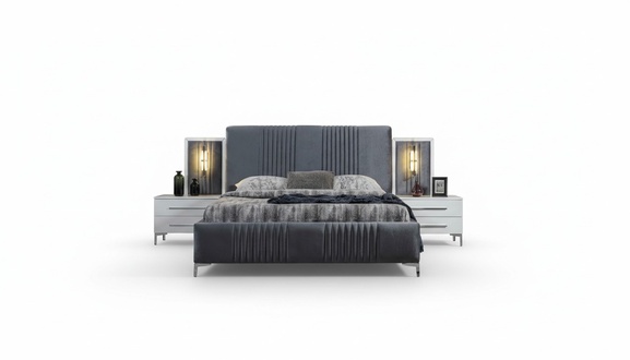 Modernes Graues Doppelbett 2x Holz Nachttische Schlafzimmer Garnitur