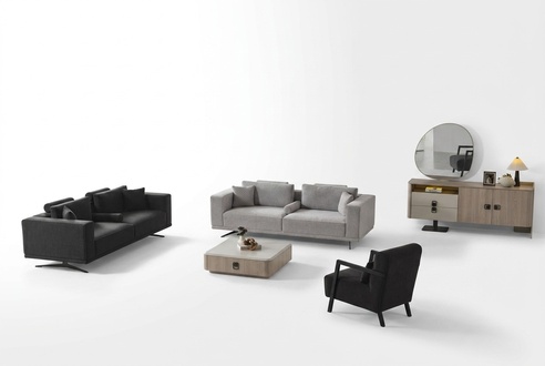 Modernes Wohnzimmer-Set aus grauem Stoff mit Holzrahmen
