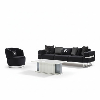Modernes Wohnzimmer Set Schwarzes Sofa schwarzer Sessel Couchtisch neu