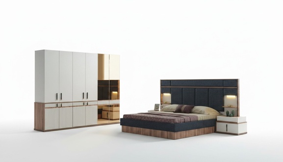 Möbel Luxus Bett 2x Nachttische Kleiderschrank Schlafzimmer Set