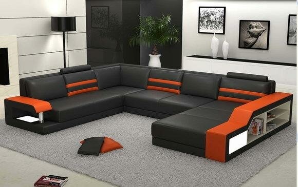Ecksofa Sofa Couch Polster Leder Garnitur Wohnlandschaft Ecke Wohn Orange