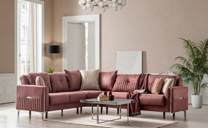 Stilvolles Ecksofa L-Form Eckgarnitur Wohnlandschaft Couchen Sofas Altrosa
