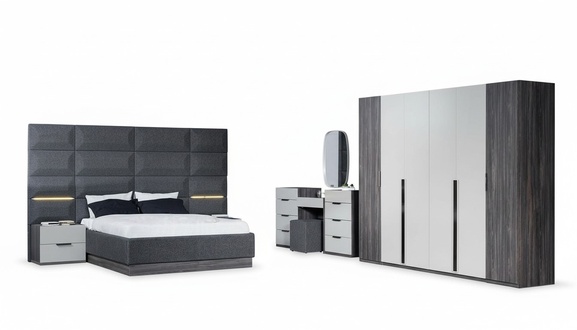 Schlafzimmer Bett Nachttisch Kleiderschrank Kommode mit Spiegel Möbel Set 5tlg