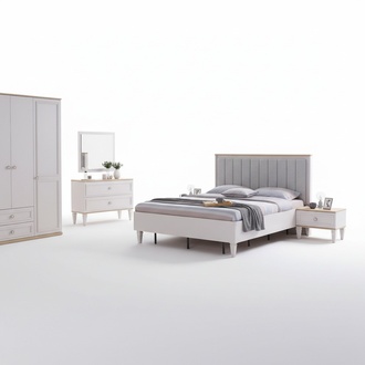 Schlafzimmer Garnitur Doppelbett Bett Nachttische Grau Holz Set 5tlg