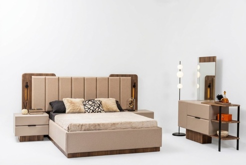 Schlafzimmer Garnitur Doppelbett Nachttische Beige Stoff 4tlg Schmink