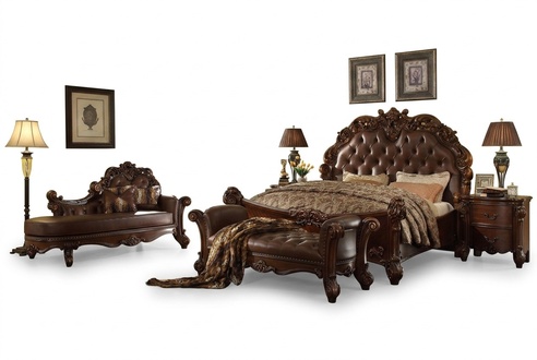 Schlafzimmer Leder Bett Nachttische 5tlg Komplettes Set Betten Holz Chesterfield