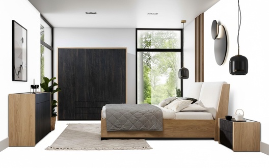 Schlafzimmer Set Beige Bett 2x Nachttische Kommode Kleiderschrank Modern 5tlg