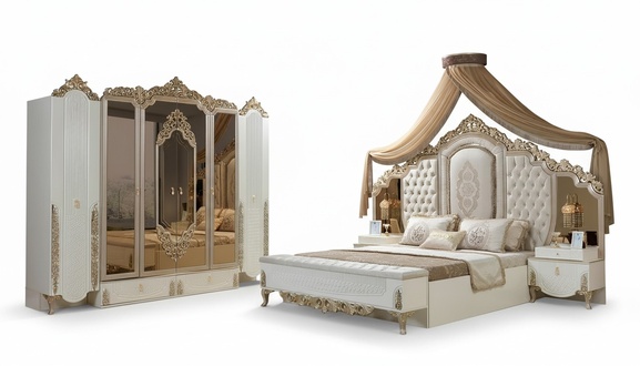 Schlafzimmer Set Bett 2x Nachttische Hocker Luxus neu 5tlg Design Holz